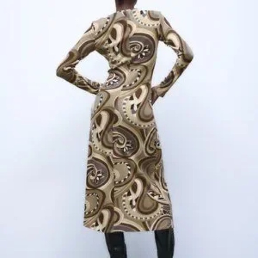 Zara Elegant Brown Patterned Long Sleeve Dress Medium - Picture 2 of 8